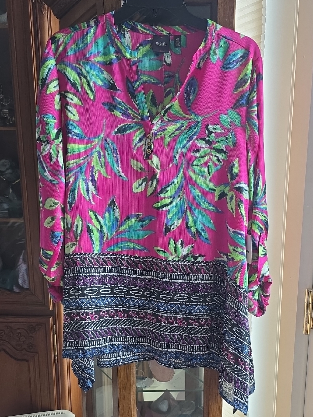 Rafaella Fuchsia Tropical Leaf Split-Neck Tunic